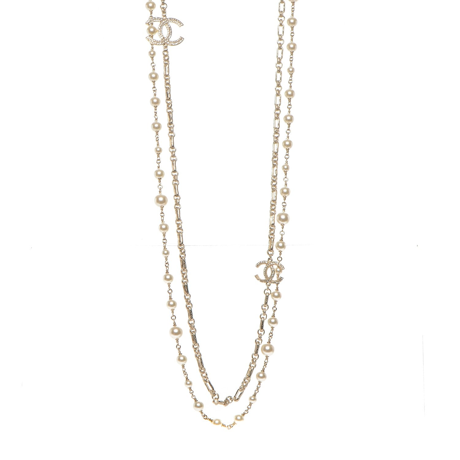 Chanel Crystal Pearl CC Long Necklace Gold 1 of 5