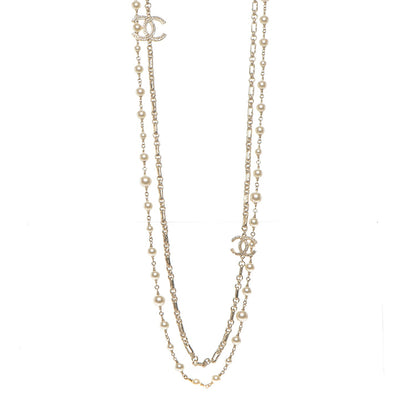 Chanel Crystal Pearl CC Long Necklace Gold 1 of 5