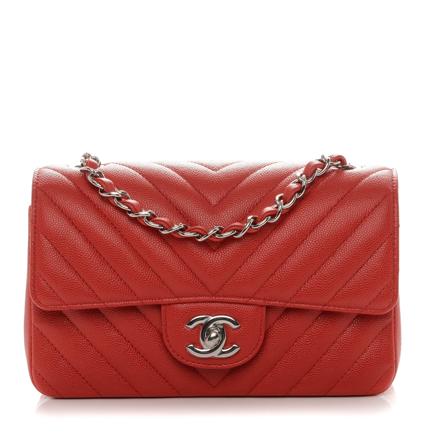 Caviar Chevron Quilted Mini Rectangular Flap Red