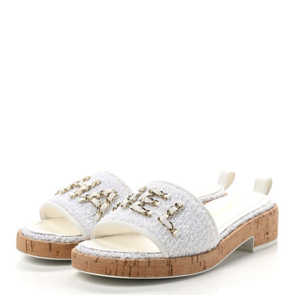 Chanel Tweed Cork CC Chain Mule Sandal 35.5 White 3 of 8