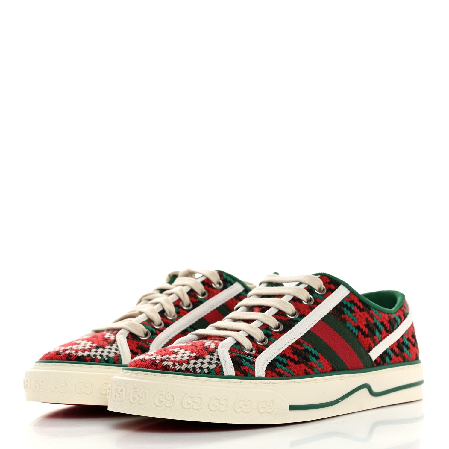 Gucci Cotton Wool Web Houndstooth Interlocking G Womens 1977 Tennis Sneakers 37 Red Green 3 of 7