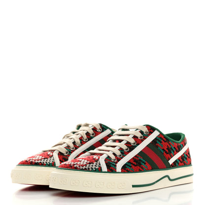 Gucci Cotton Wool Web Houndstooth Interlocking G Womens 1977 Tennis Sneakers 37 Red Green 3 of 7