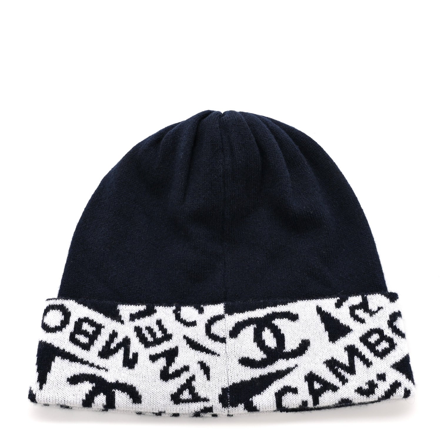 Chanel Cashmere Cotton Knit CC Cambon Beanie Hat Navy Blue Ecru 3 of 5