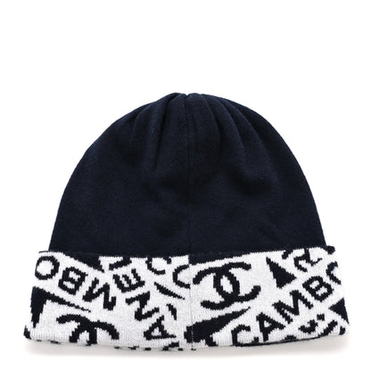 Chanel Cashmere Cotton Knit CC Cambon Beanie Hat Navy Blue Ecru 3 of 5