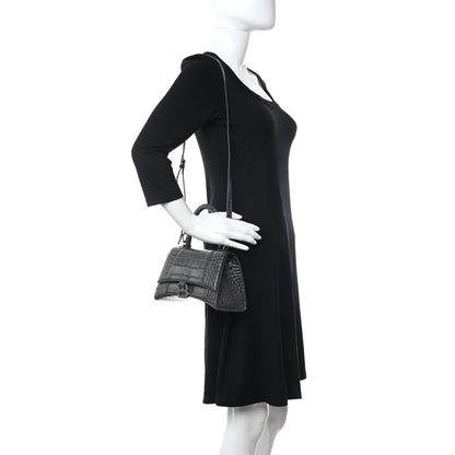 Balenciaga Shiny Calfskin Crocodile Embossed Small Hourglass Top Handle Bag Dark Grey 2 of 10