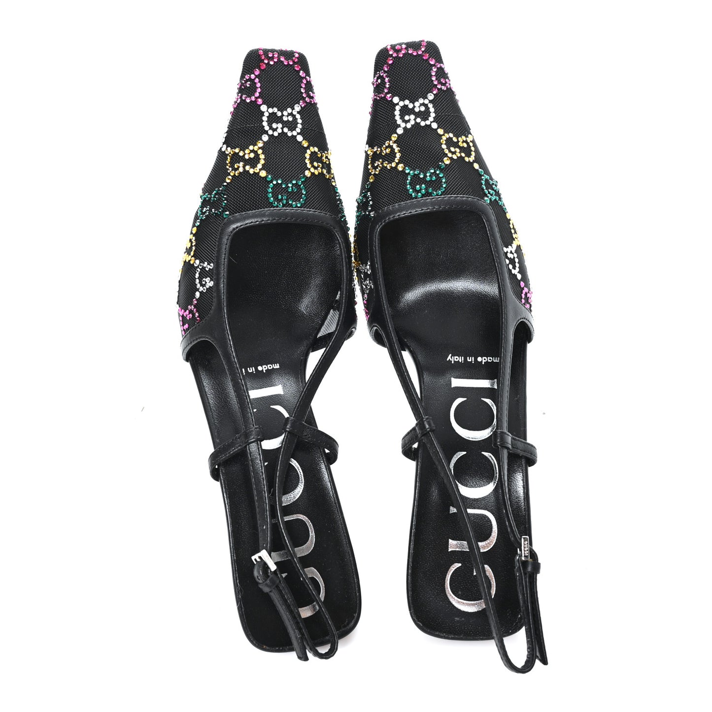 Tela Retino Nappa Charlotte Crystal GG Monogram Square G 75mm Slingback Pumps 36.5 Black