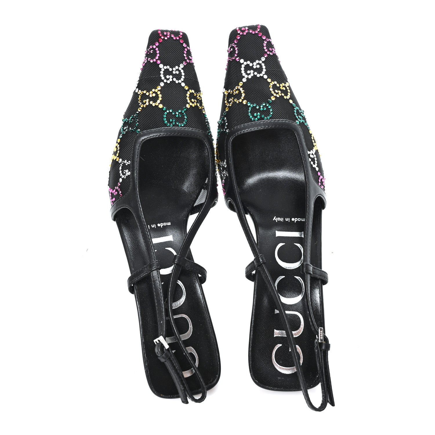 Gucci Tela Retino Nappa Charlotte Crystal GG Monogram Square G 75mm Slingback Pumps 36.5 Black 3 of 9
