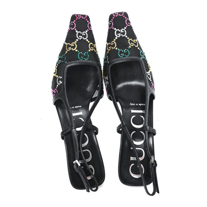 Gucci Tela Retino Nappa Charlotte Crystal GG Monogram Square G 75mm Slingback Pumps 36.5 Black 3 of 9