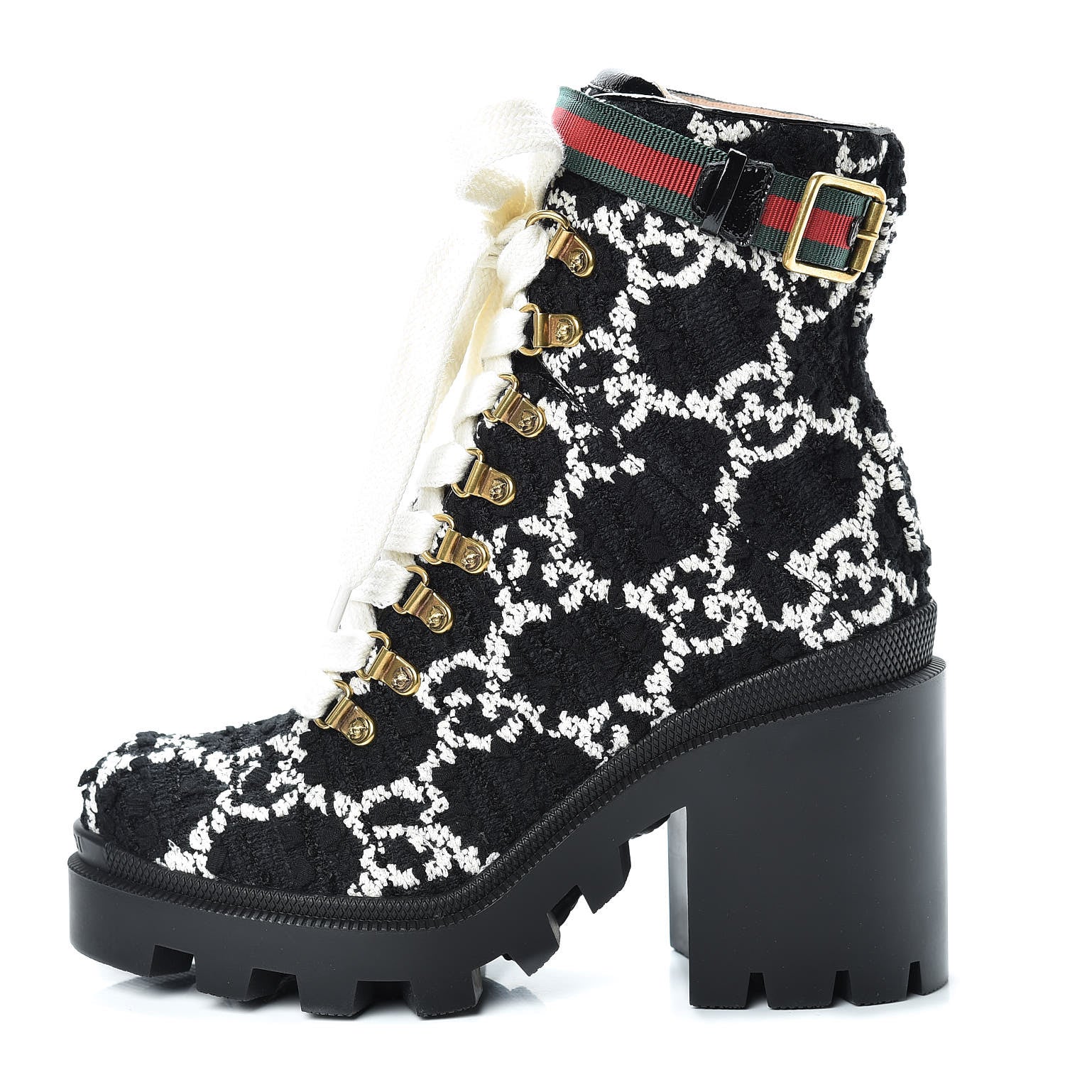 Gucci Tweed GG Monogram Lace Up Combat Ankle Boots 36 Black 1 of 9