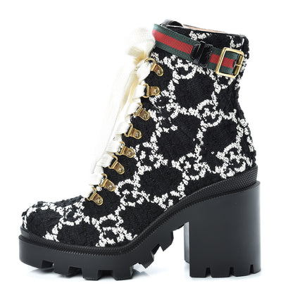 Gucci Tweed GG Monogram Lace Up Combat Ankle Boots 36 Black 1 of 9