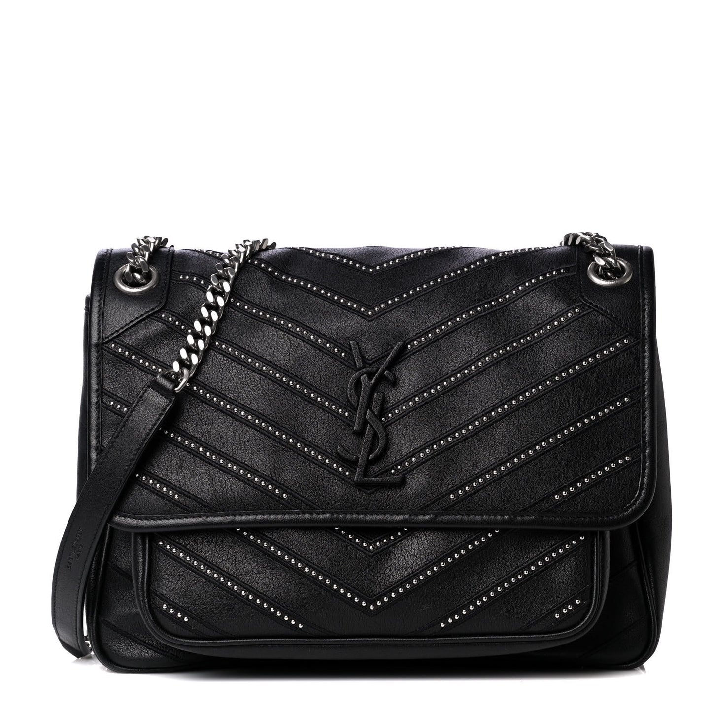 Calfskin Matelasse Monogram Microstud Medium Niki Chain Satchel Black