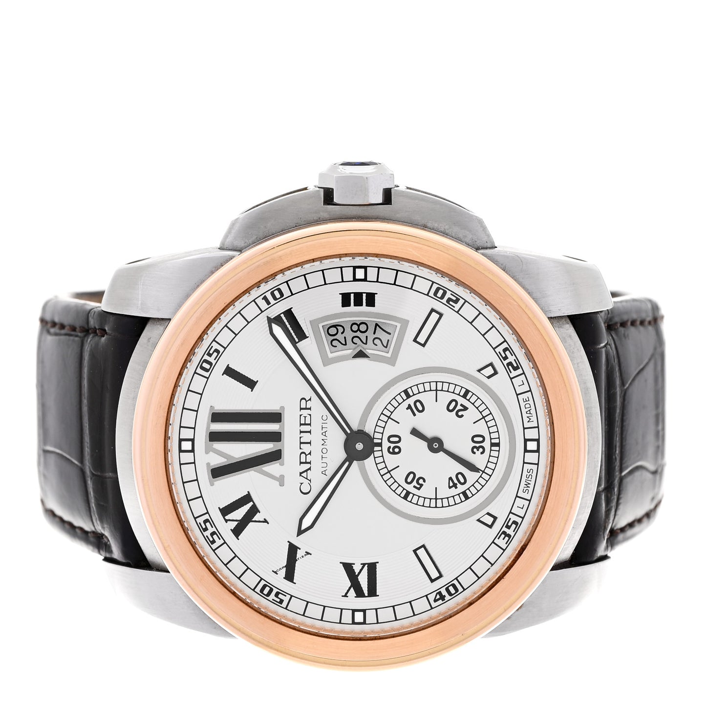Stainless Steel 18K Pink Gold Alligator 42mm Calibre de Cartier Automatic Watch Brown