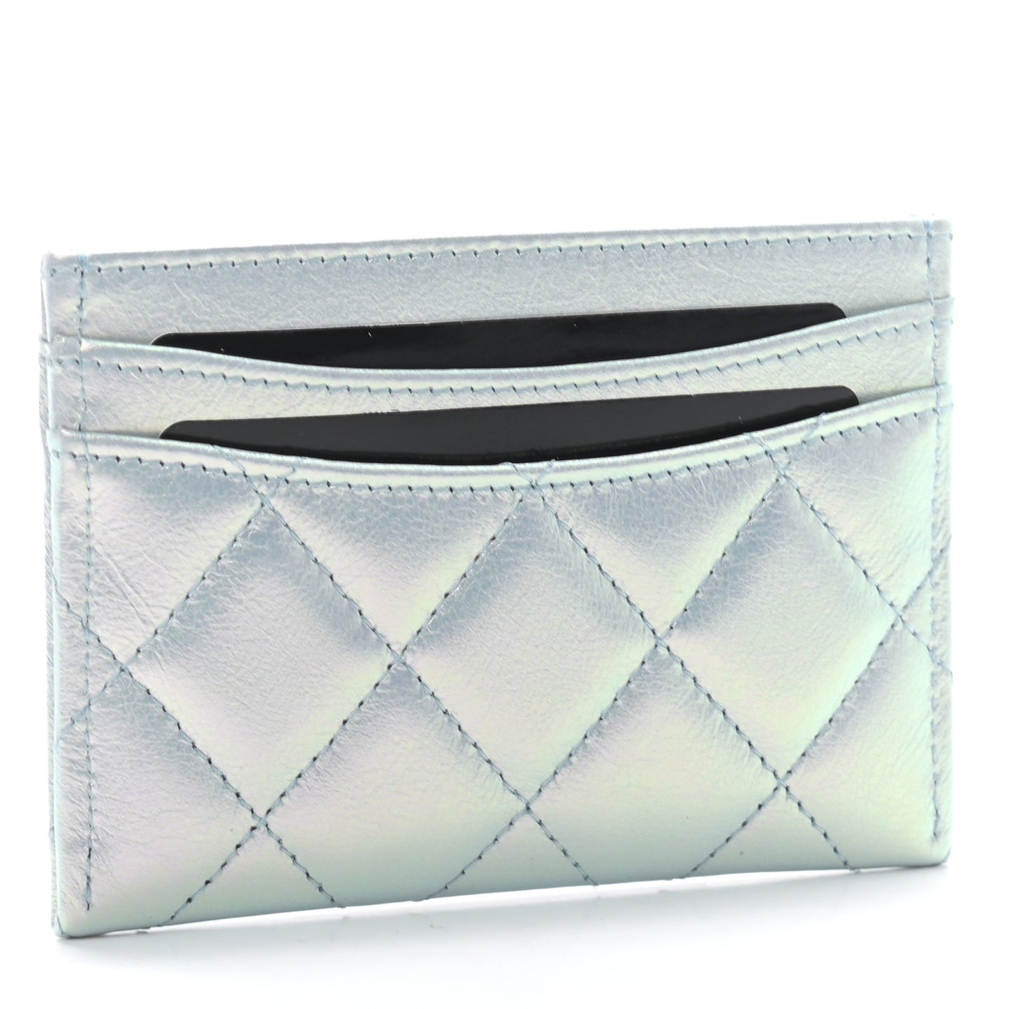 Iridescent Calfskin Quilted Card Holder Light Blue