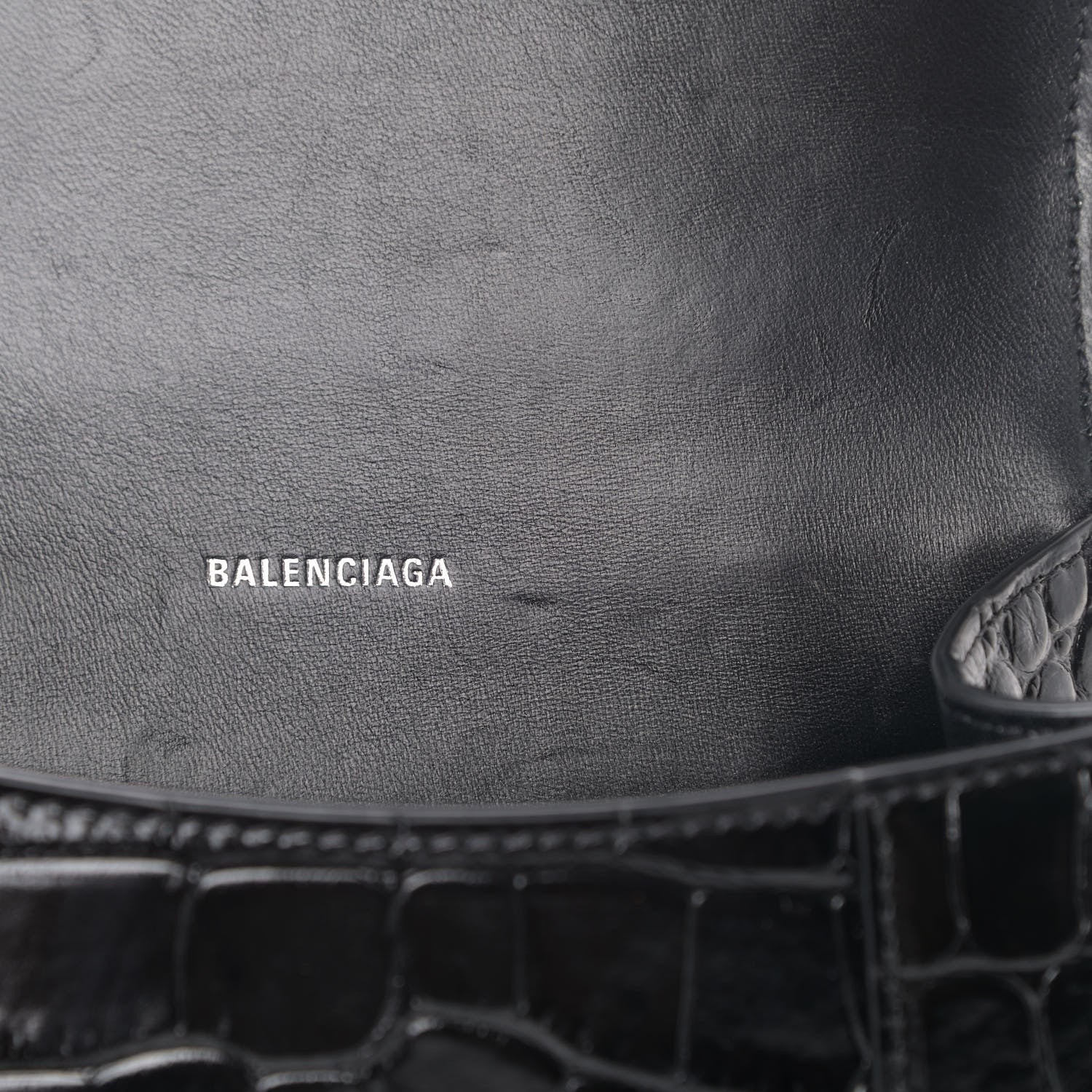 Balenciaga Shiny Calfskin Monochrome Crocodile Embossed Hourglass Top Handle Bag XS Black 5 of 7