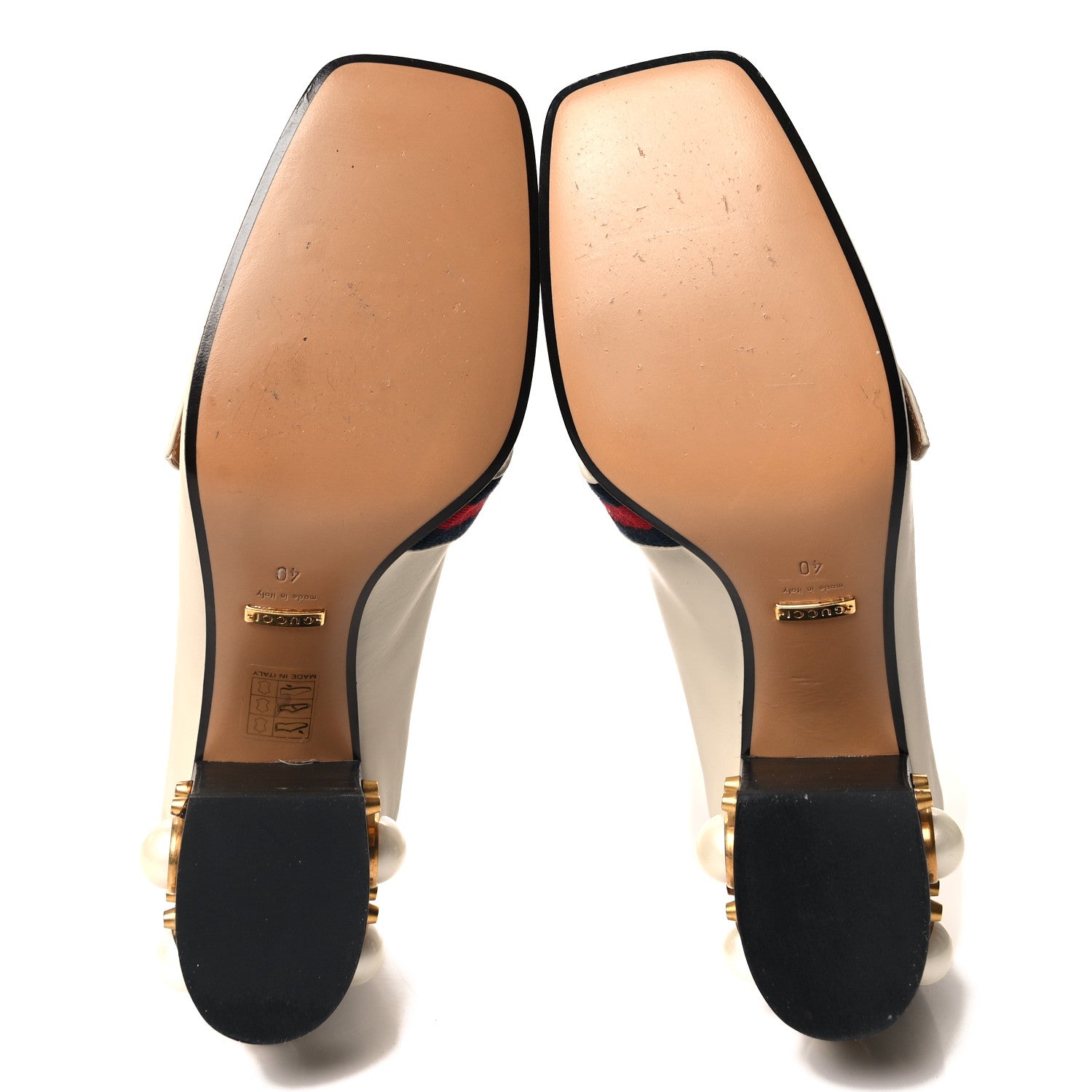 Gucci Betis Glamour Calfskin Web Pearl Embellished Peyton 75mm Loafer Pumps 40 Mystic White 5 of 8
