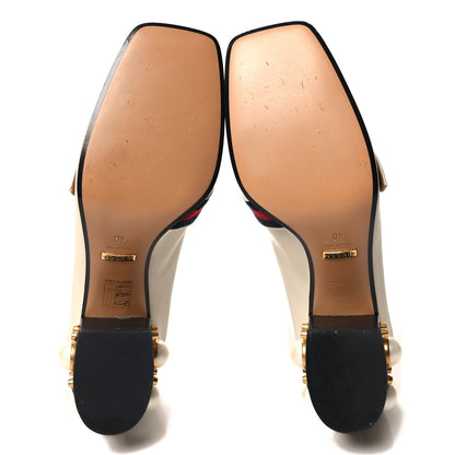 Gucci Betis Glamour Calfskin Web Pearl Embellished Peyton 75mm Loafer Pumps 40 Mystic White 5 of 8