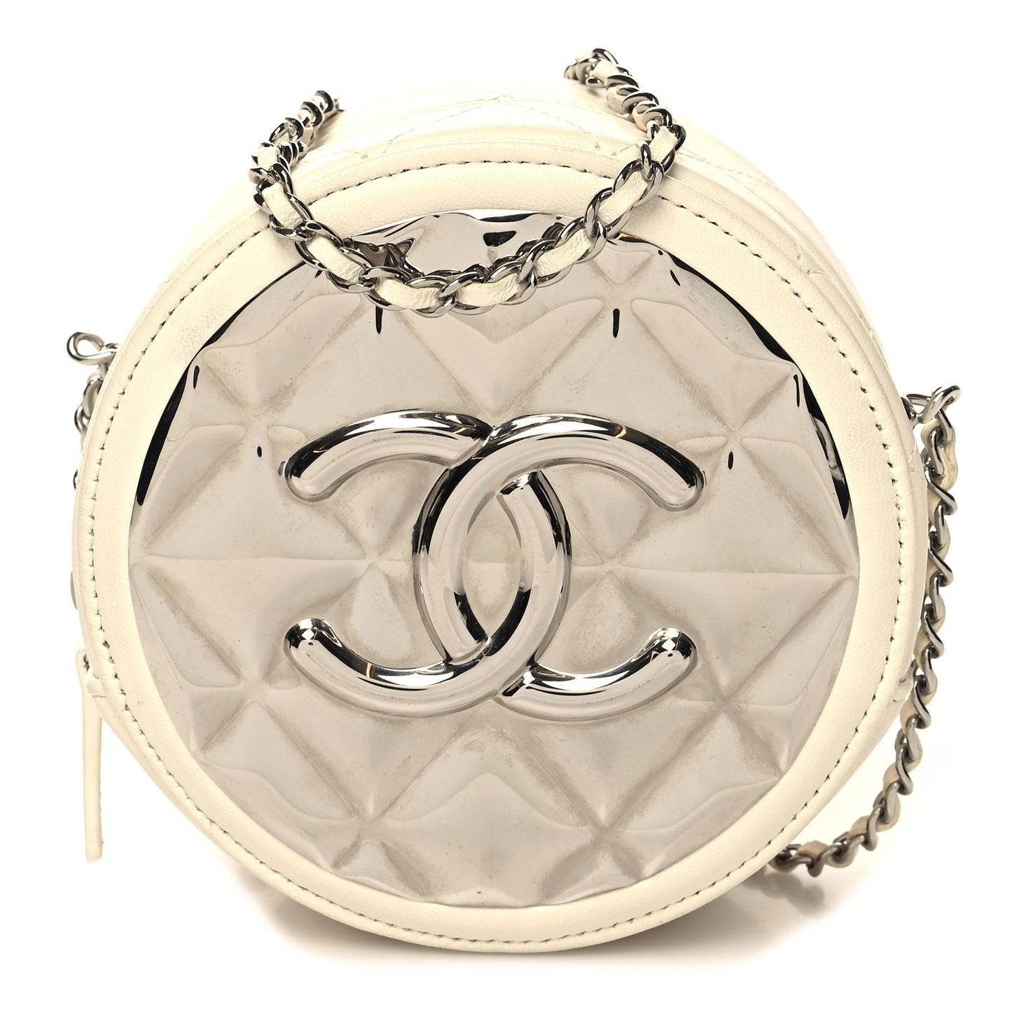 Lambskin Metal Quilted Round Clutch With Chain White Silver