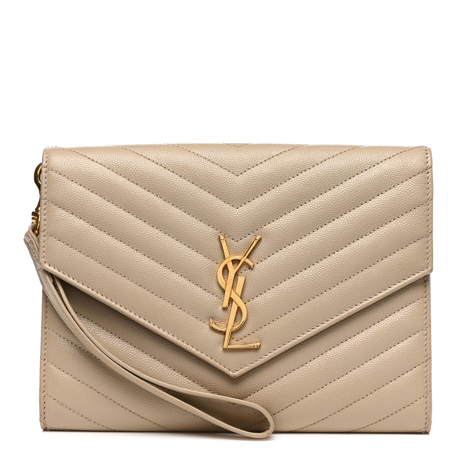 Saint Laurent Grain De Poudre Matelasse Chevron Monogram Envelope Clutch Dark Beige 1 of 10