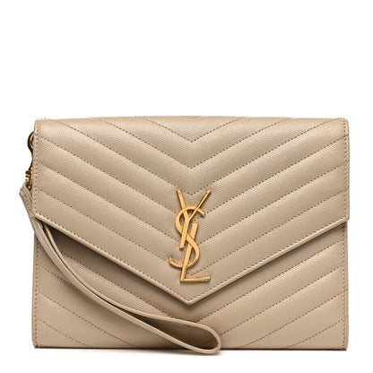 Saint Laurent Grain De Poudre Matelasse Chevron Monogram Envelope Clutch Dark Beige 1 of 10