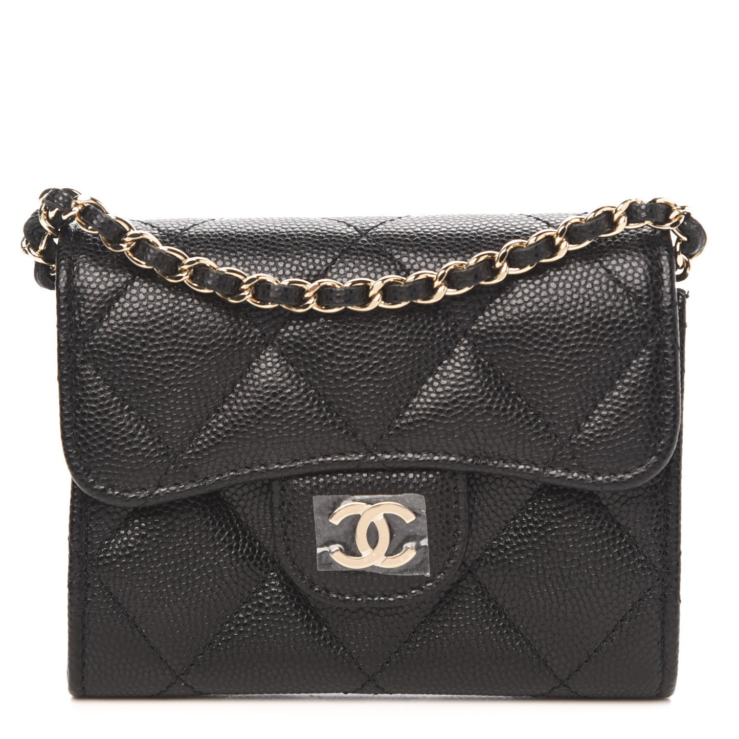 Caviar Quilted Flap Card Holder On Chain Black