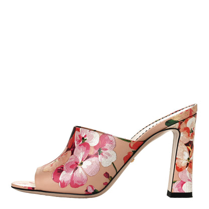 Gucci Calfskin Blooms Print High Heel Slide Sandals 37.5 Pink Apricot Multicolor 1 of 9