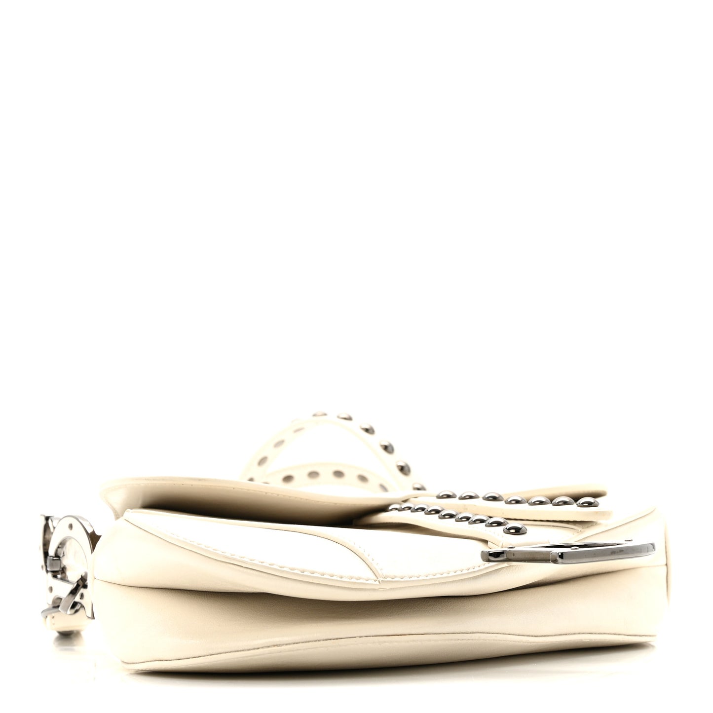 Crinkled Patent Lambskin Studded Saddle Bag With Strap Latte