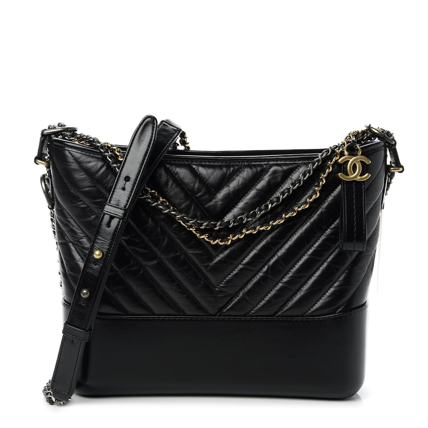 Aged Calfskin Chevron Quilted Medium Gabrielle Hobo Black