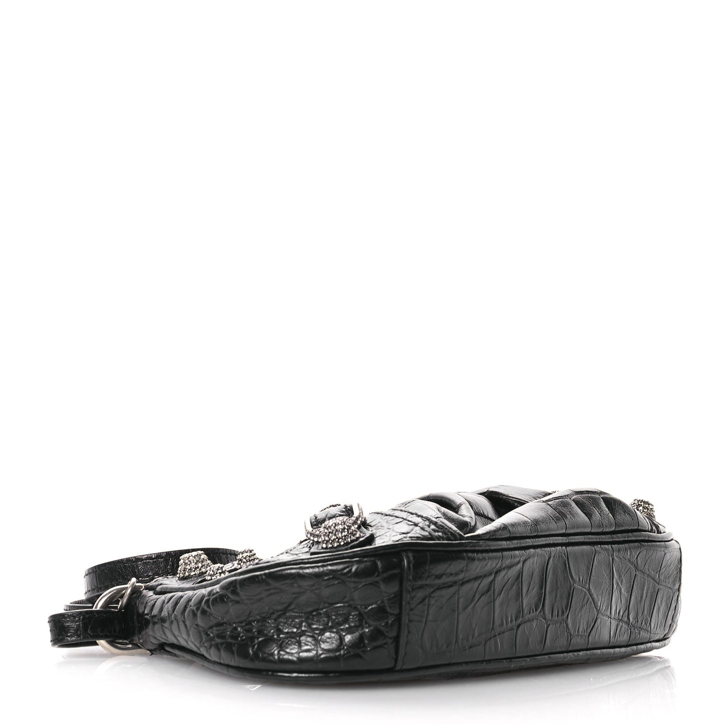 Extra Supple Calfskin Crocodile Embossed Crystal Le Cagole Mini Purse With Chain Black