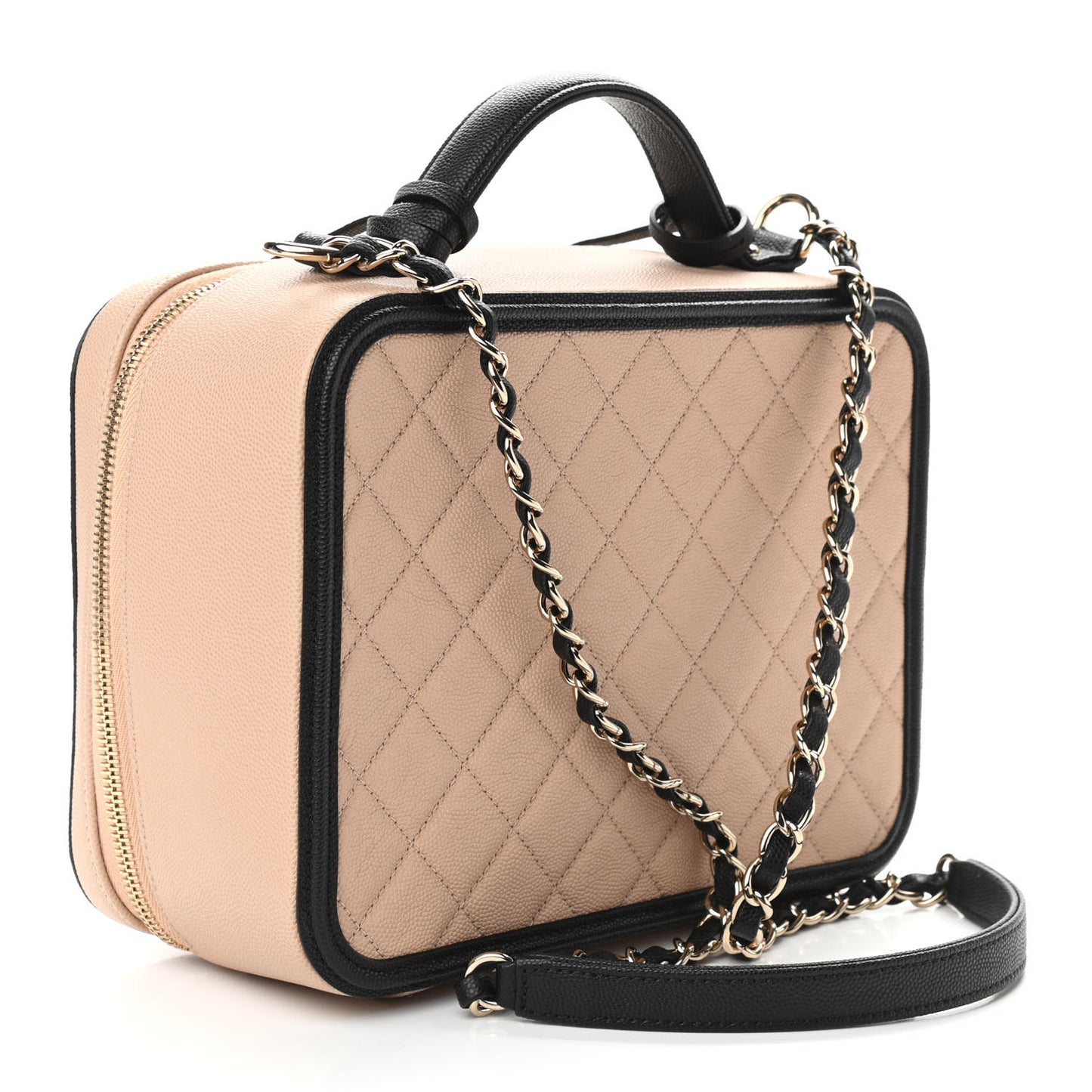 Caviar Quilted Large CC Filigree Vanity Case Beige Black