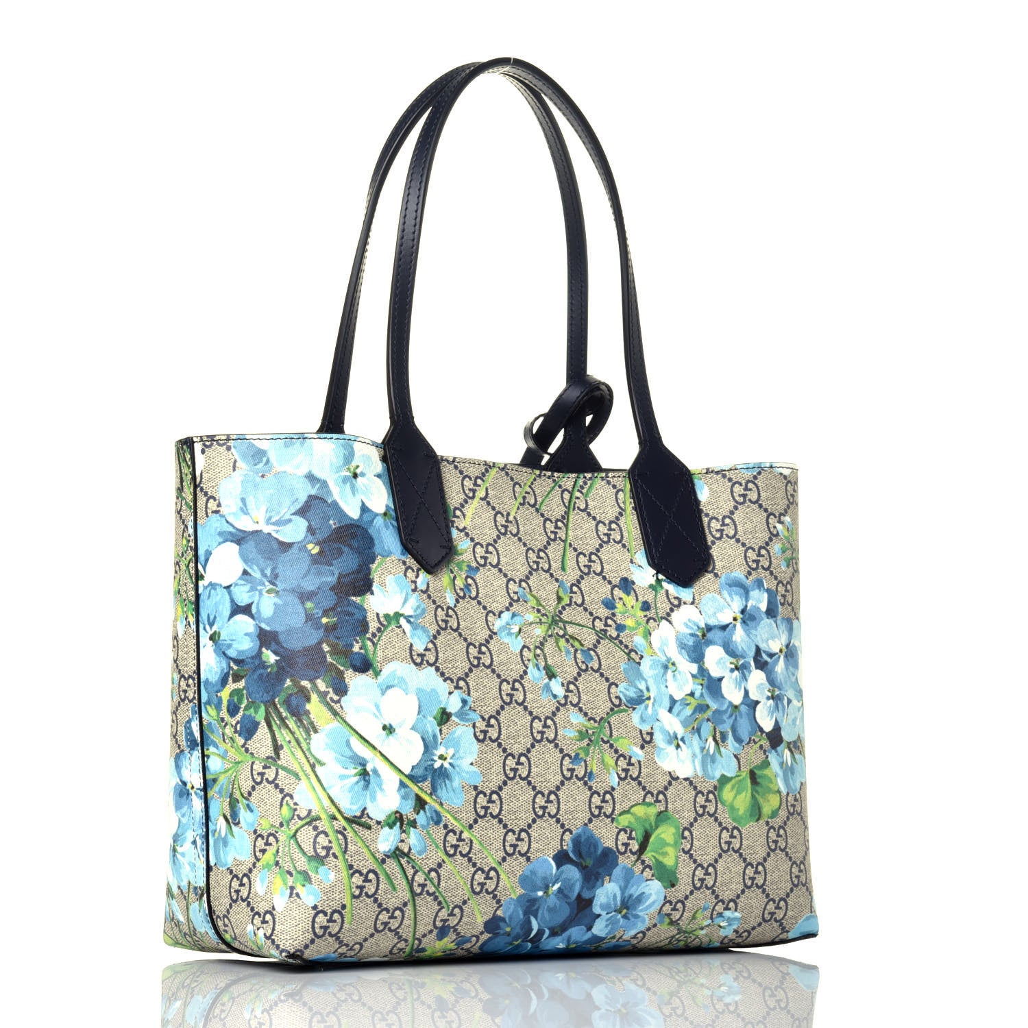 Gucci GG Supreme Monogram Blooms Small Reversible Tote Beige Blue Navy 5 of 17