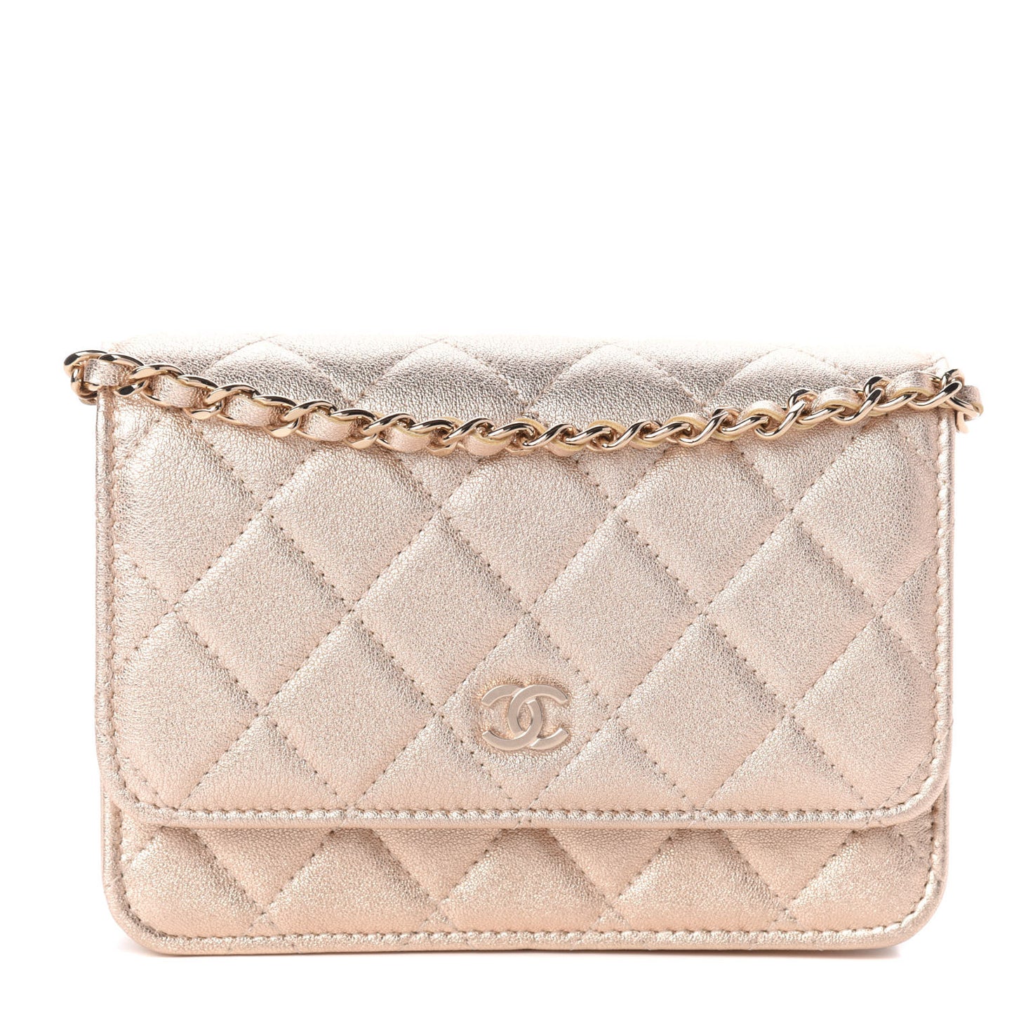 Metallic Lambskin Quilted Mini Wallet On Chain WOC Gold