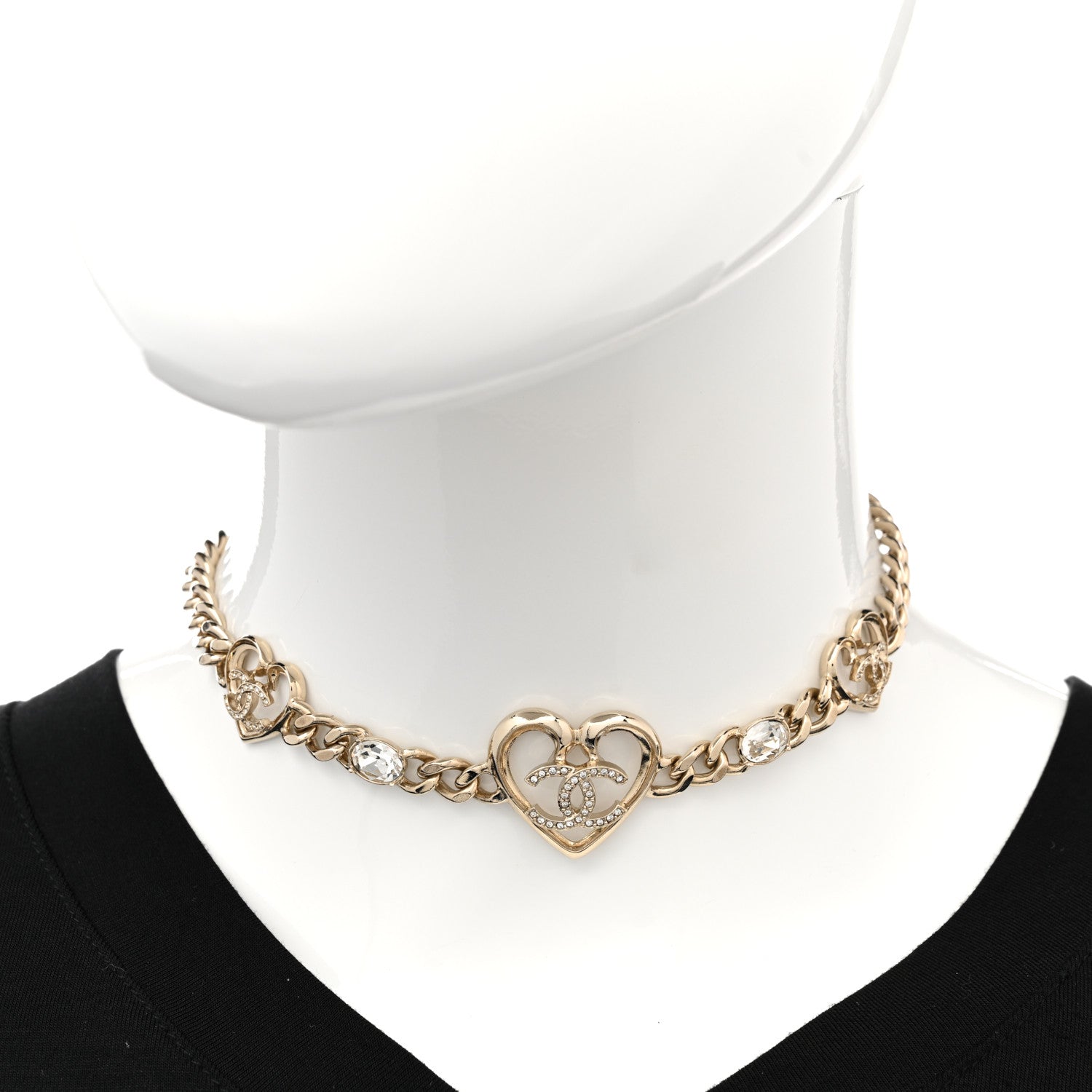 Chanel Resin Crystal Heart CC Chain Necklace Gold 2 of 6
