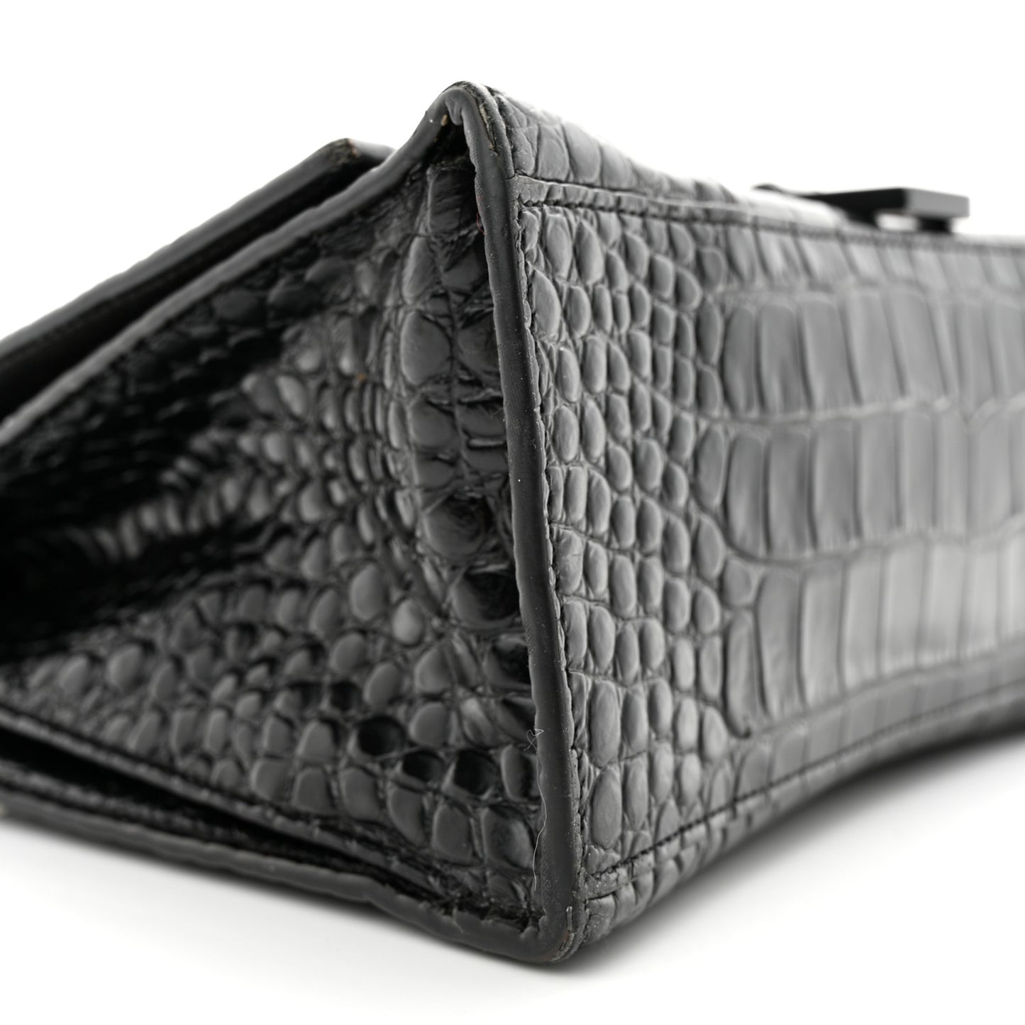 Shiny Calfskin Monochrome Crocodile Embossed Medium Hourglass Top Handle Bag Black