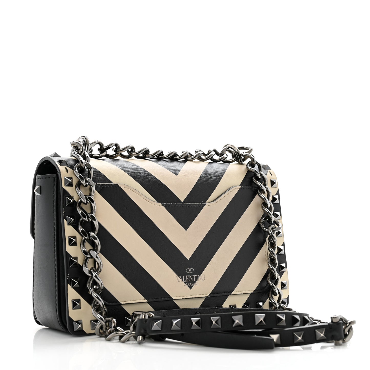 Vitello Chevron Medium Rockstud Flip Lock Crossbody Bag Light Ivory Black