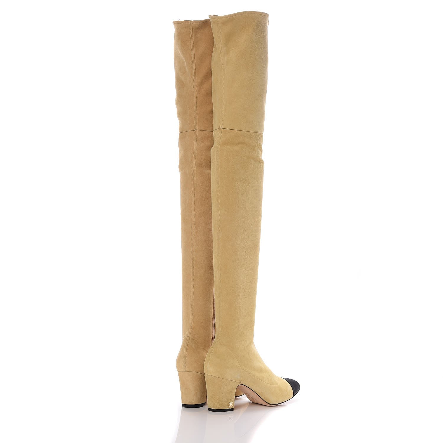 Chanel Suede Lambskin Grosgrain Stretch Cap Toe Over The Knee Boots 37.5 Beige Black 4 of 7