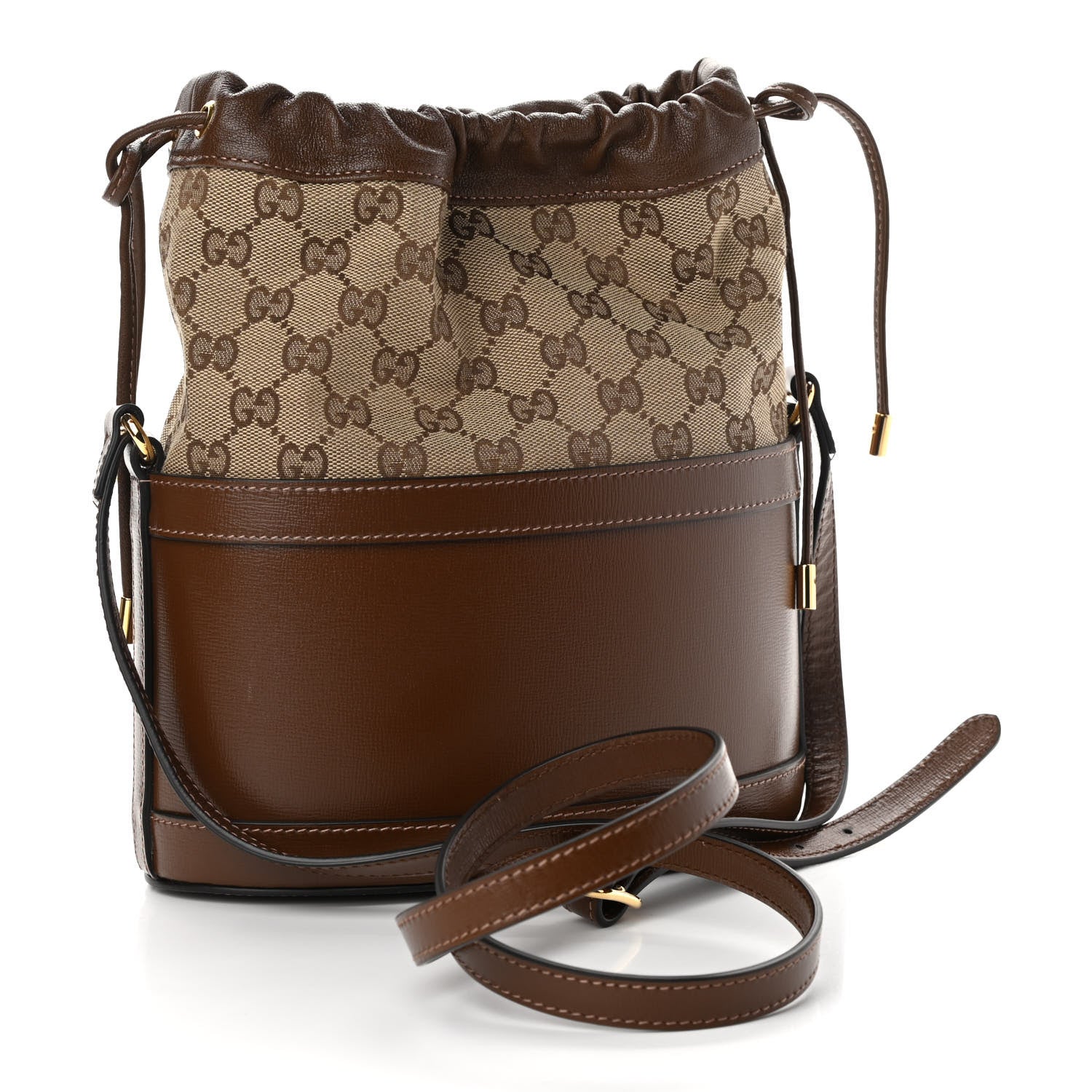 Gucci Monogram Textured Calfskin Horsebit 1955 Drawstring Bucket Bag Beige Brown Sugar 3 of 12