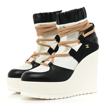 Chanel Patent Calfskin Runway Wedge Short Platform Boots 36.5 Black White Beige 3 of 11