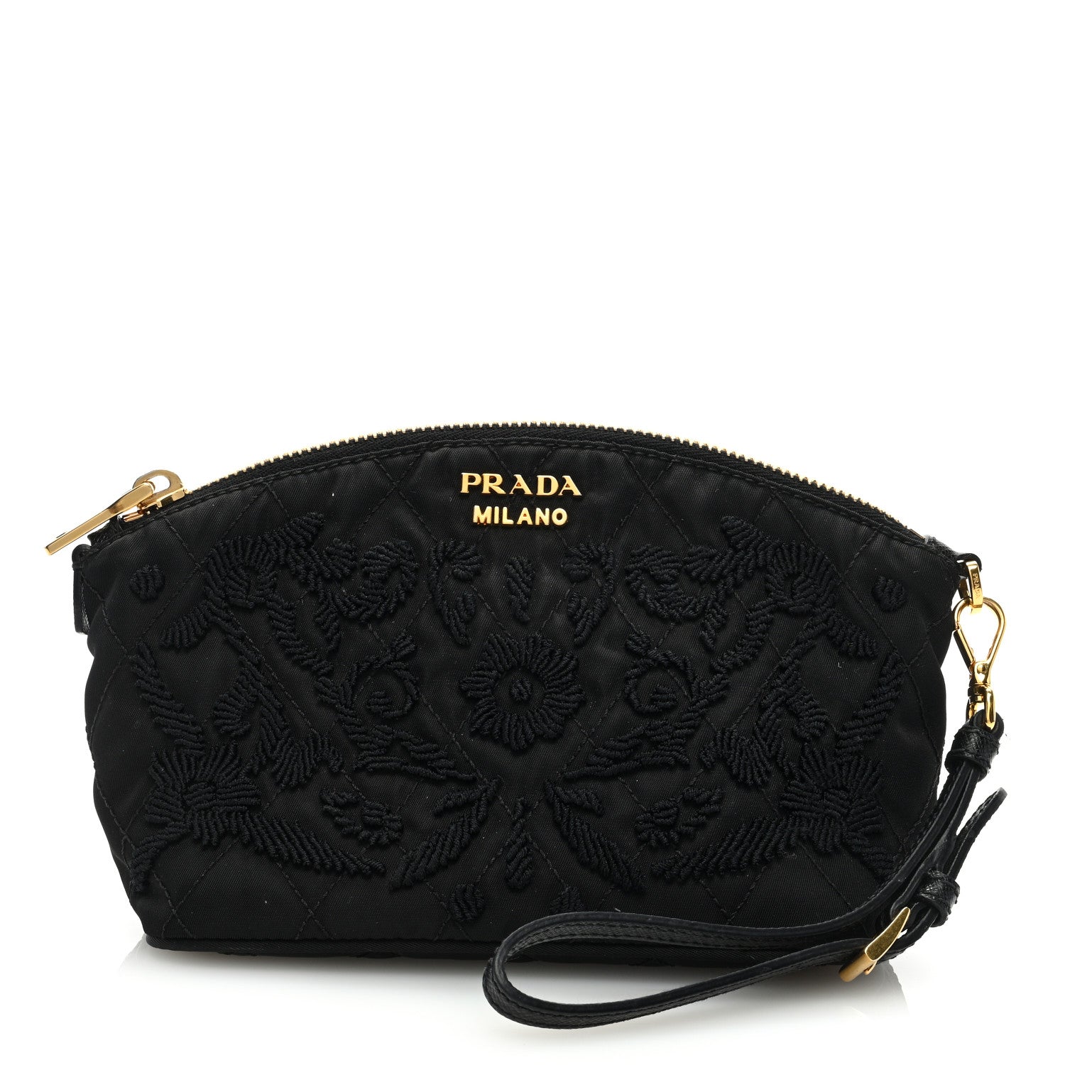 Prada Tessuto Nylon Embroidered Wristlet Clutch Black 1 of 6