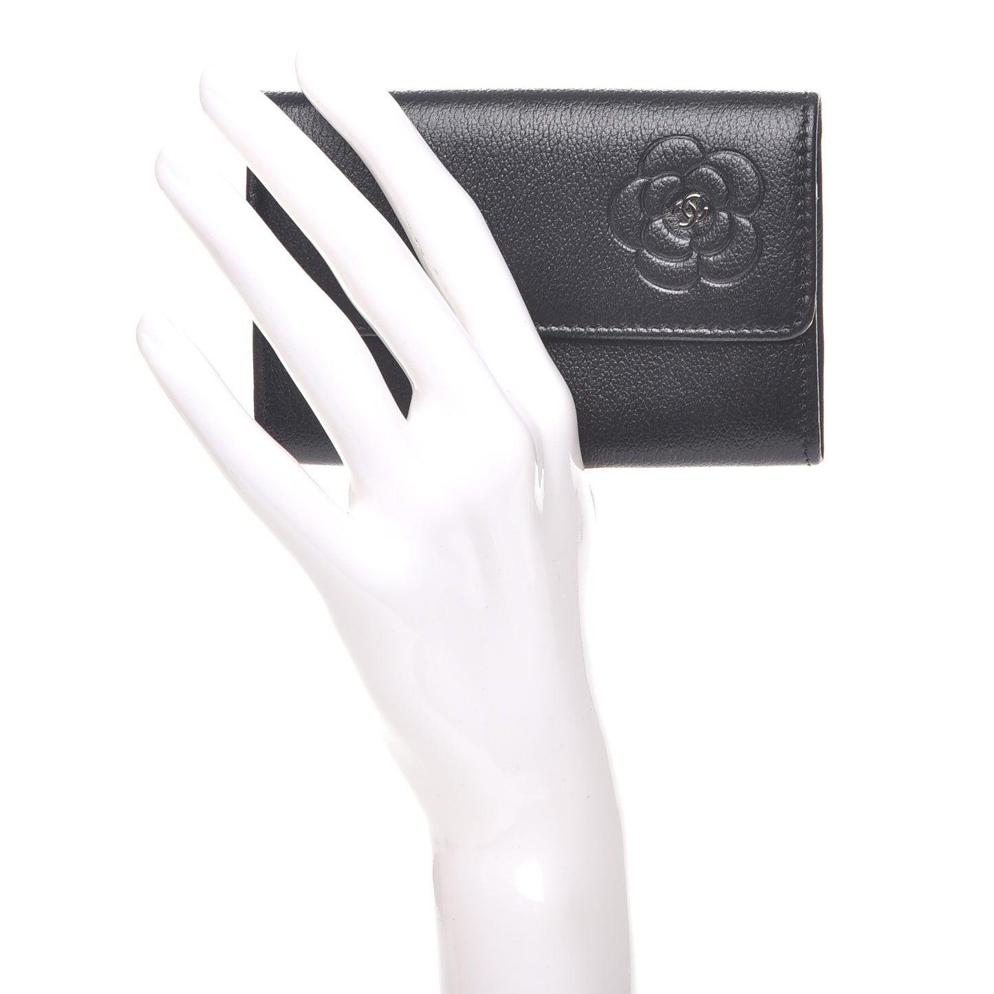Goatskin Embossed Camellia Flap Card Holder Black