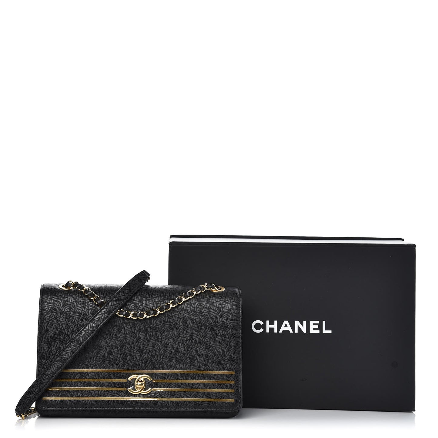 Grained Calfskin Embroidered Captain Gold Flap Bag Black