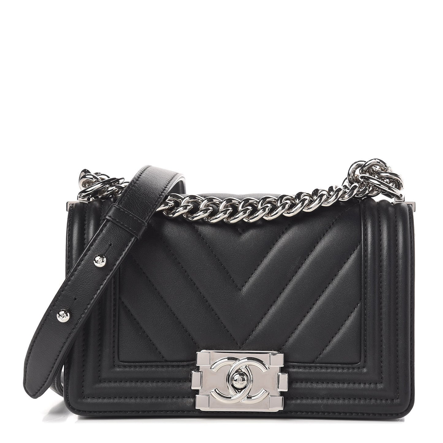 Calfskin Chevron Quilted Small Boy Flap Black