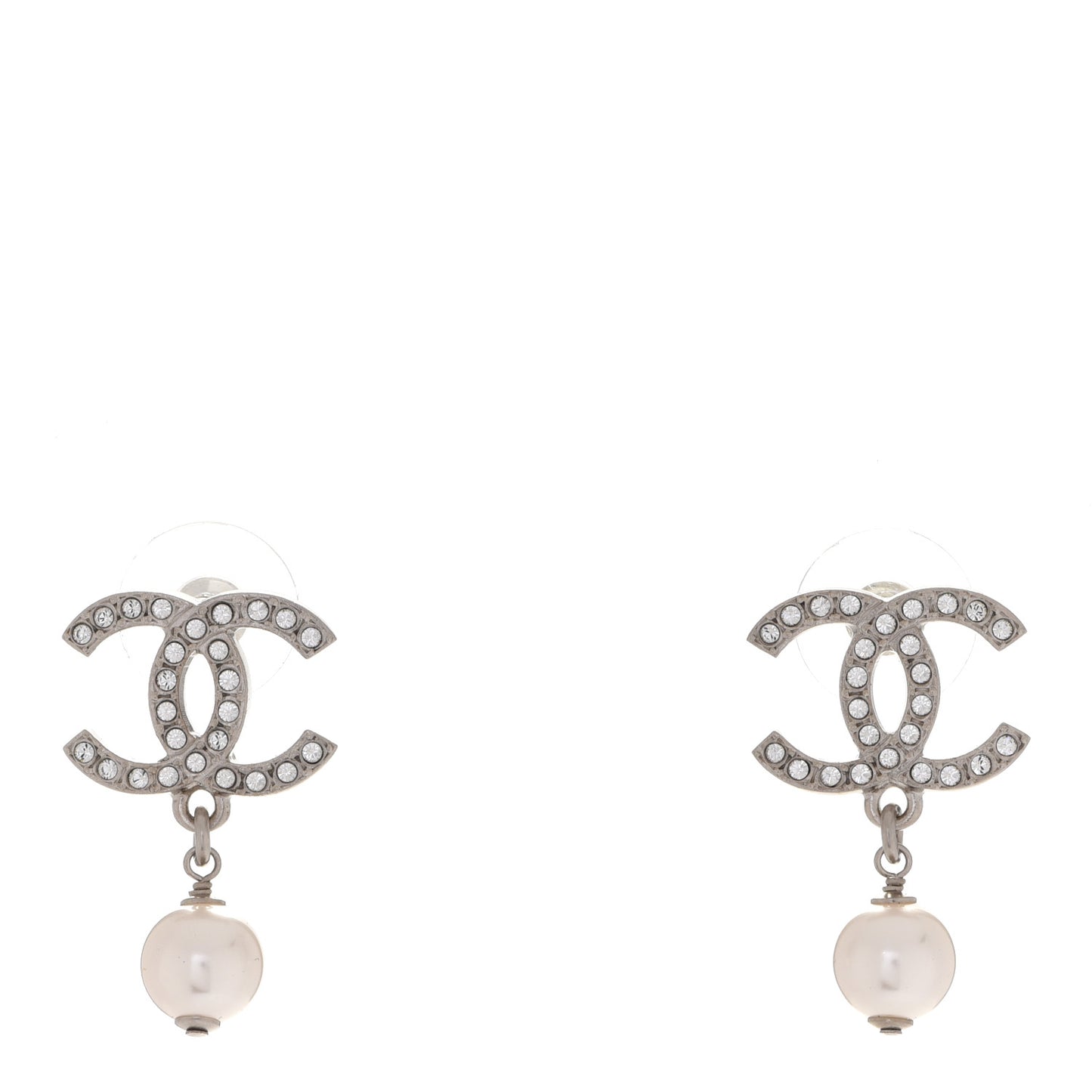 Crystal Pearl CC Drop Earrings Silver