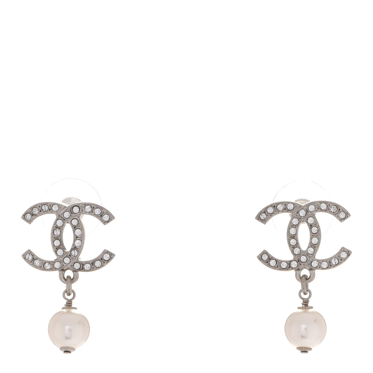 Chanel Crystal Pearl CC Drop Earrings Silver 1 of 5