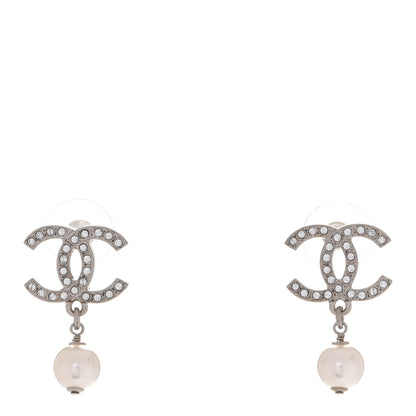 Chanel Crystal Pearl CC Drop Earrings Silver 1 of 5