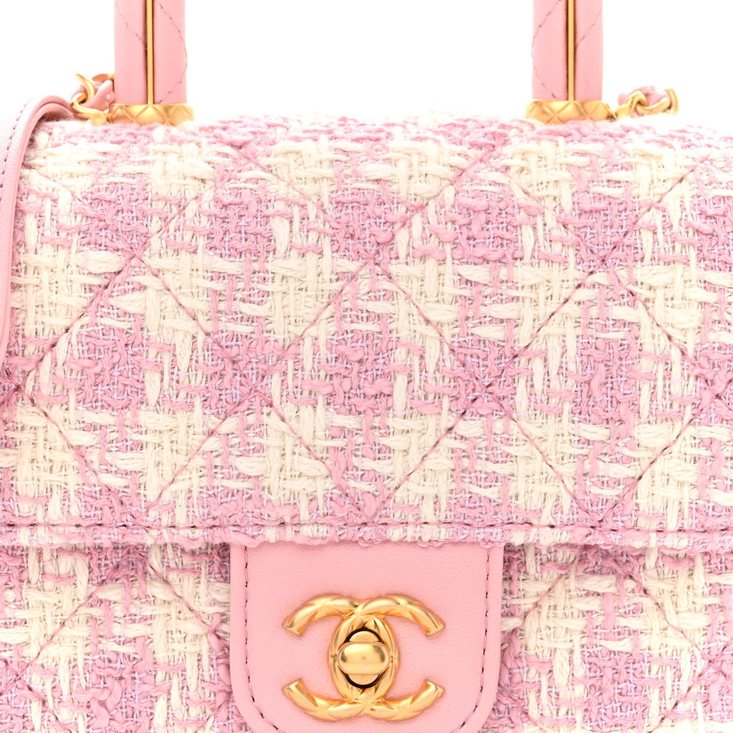Tweed Handle Crush Top Handle Flap Bag Pink Ecru