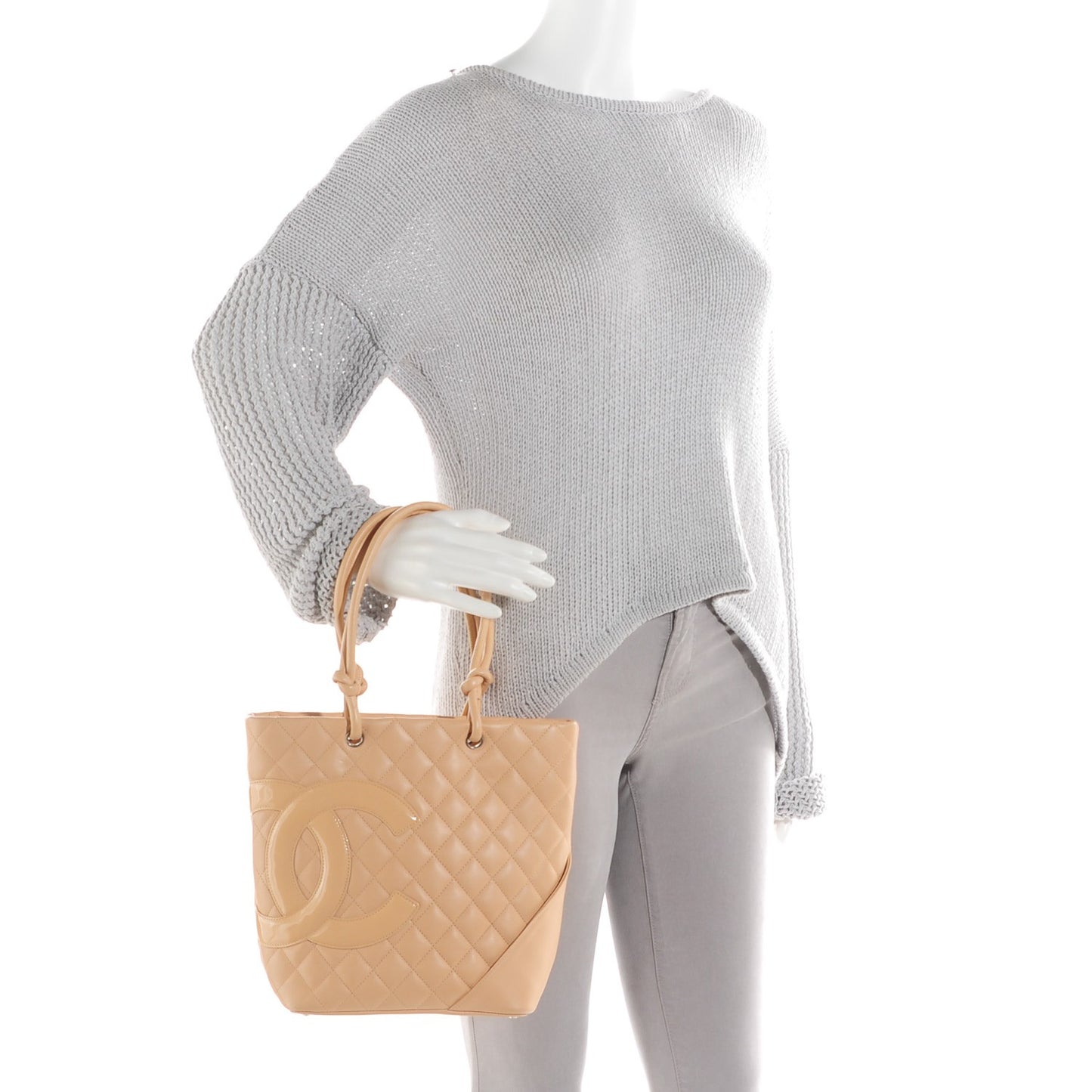 Calfskin Quilted Medium Cambon Tote Beige