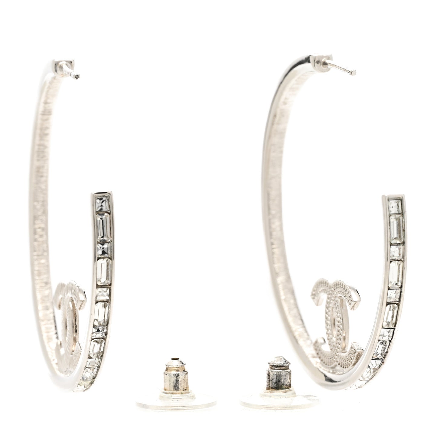 Metal Crystal Baguette CC Large Hoop Earrings Silver