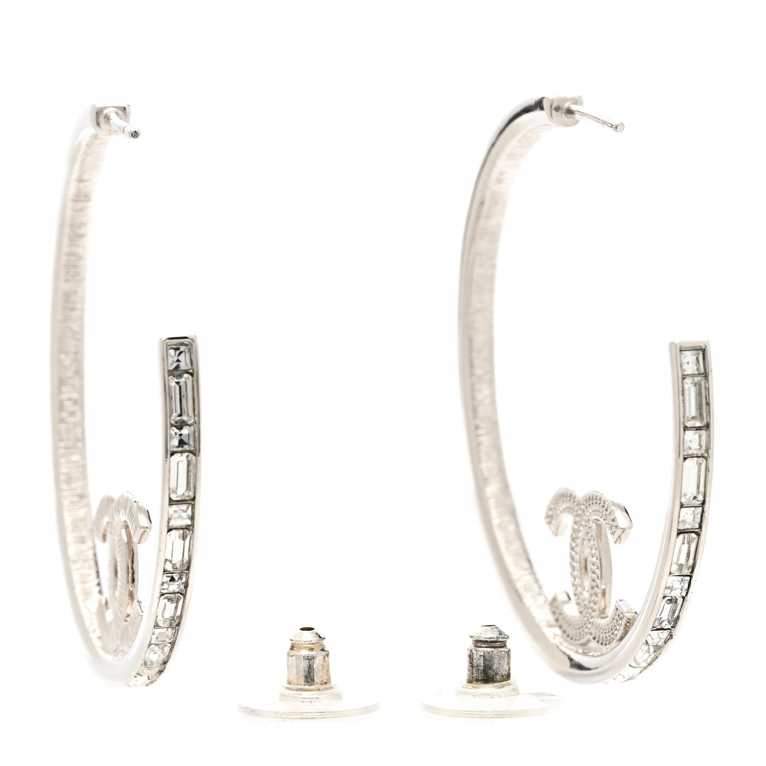 Chanel Metal Crystal Baguette CC Large Hoop Earrings Silver 3 of 6