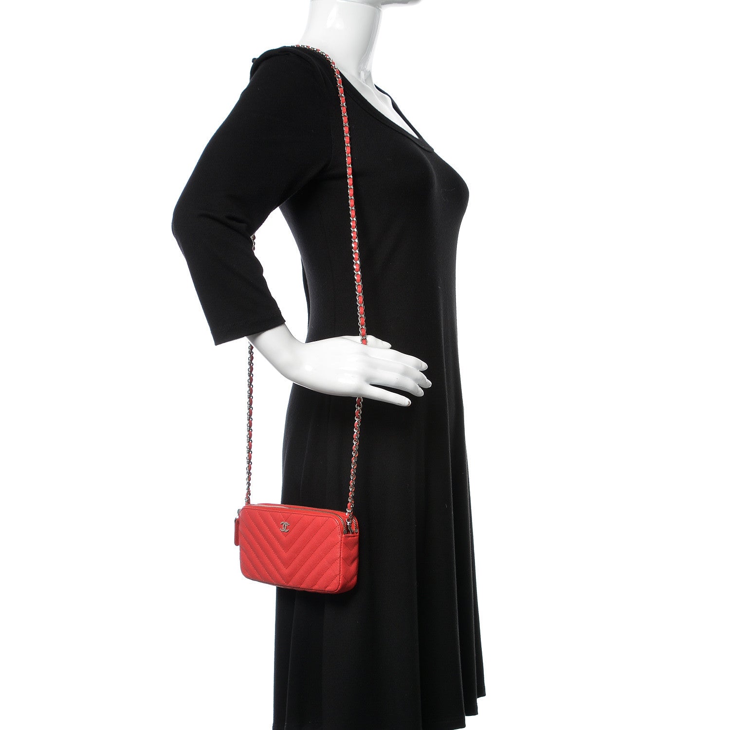 Chanel Caviar Chevron Quilted Small Clutch With Chain Light Red 2 of 12