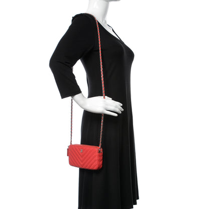 Chanel Caviar Chevron Quilted Small Clutch With Chain Light Red 2 of 12